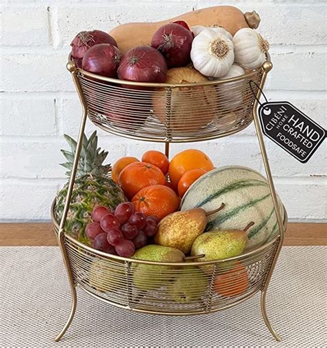 CIBENI Gold Fruit Basket Stand 13 X 15 H Handcrafted 2 Tier Fruit