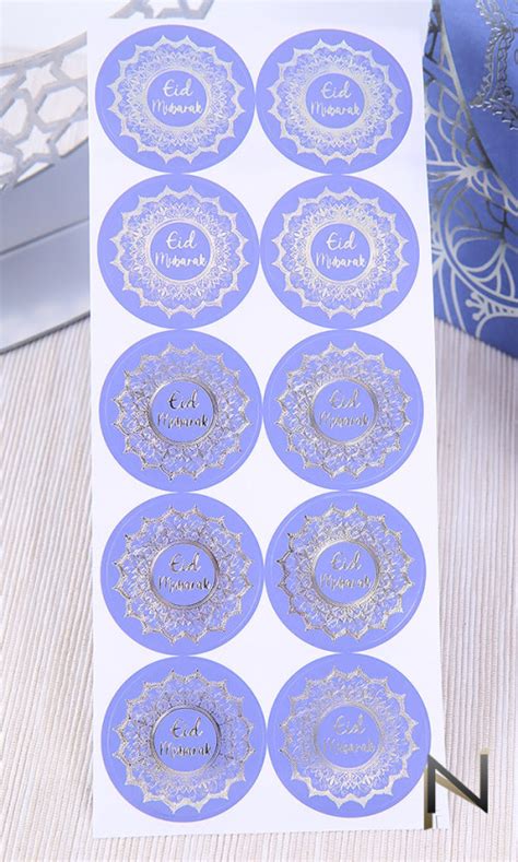 10 stickers Eid Mubarak design bleu nuit et argent 4cm de diamètre