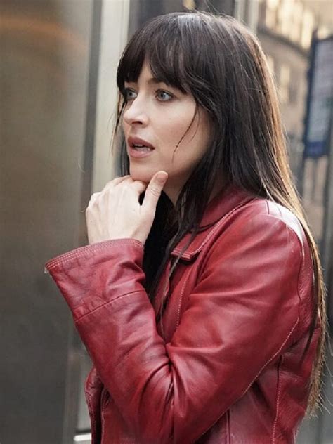 Dakota Johnson Madame Web Red Leather Jacket The California Outfits