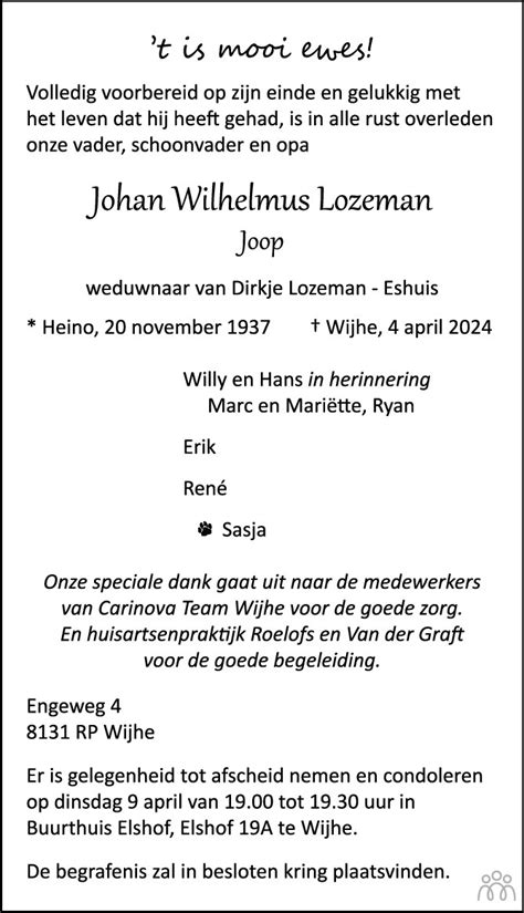 Johan Wilhelmus Joop Lozeman 04 04 2024 Overlijdensbericht En