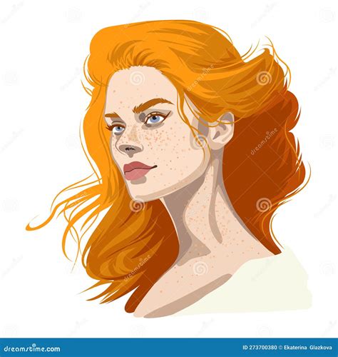 Portrait Of A Beautiful Girl With Freckles And Red Loose Hair Stock