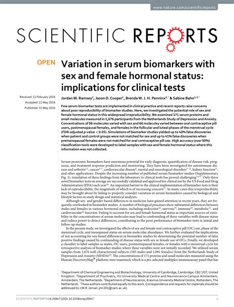 Pdf Variation In Serum Biomarkers With Sex And Female Hormonal Status