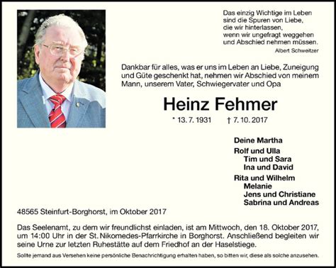 Traueranzeigen Von Heinz Fehmer Trauer Ms