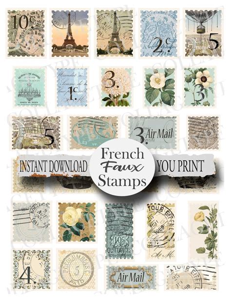 Paris French Postage Stamps Faux Ephemera Junk Journal Printable