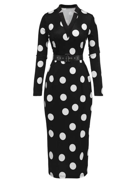 Black 1960s Polka Dot V Neck Dress Retro Stage