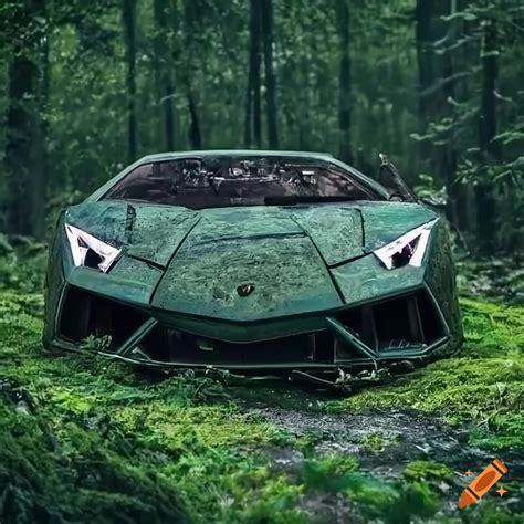 Abandoned Olive Green Lamborghini In A Mossy Jungle With Cinematic