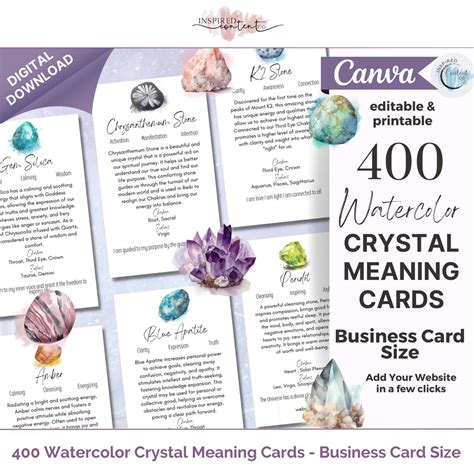 400 Editable Watercolor Crystal Meaning Cards Printable Gemstone Meaning Cards Crystal Cards