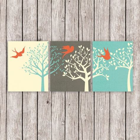 Triptych Printable Art Trees Birds Turquoise By Digitaldriveintoo