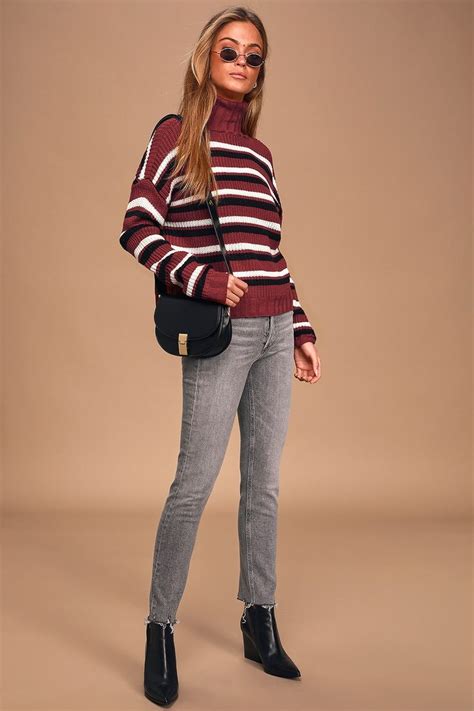 Keeping Cozy Burgundy Multi Striped Turtleneck Sweater Striped