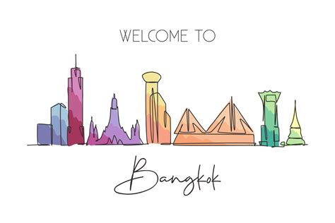 One Continuous Line Drawing Of Bangkok City Skyline Thailand