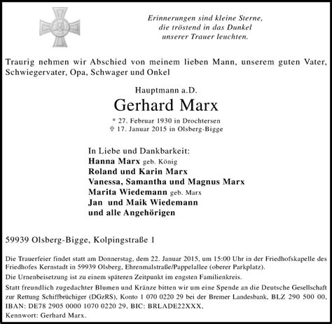 Traueranzeigen Von Gerhard Marx Trauer In Nrw De