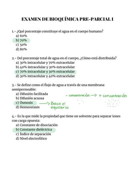 EXAMEN DE BIOQUÍMICA PARCIAL 1 UANL RESPUESTAS Apuntes de medicina