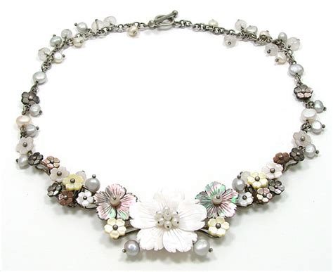 Vintage Sterling Pearl Quartz And Mother Of Pearl Flower Necklace