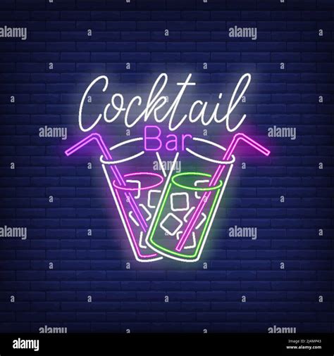 Cocktail Bar Neon Text Two Drink Glasses Straws And Ice Cubes Cocktail Bar Design Night