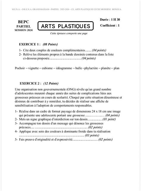 SUJET ET CORRIGE TYPE BEPC BLANC 2024 ARTS PLASTIQUES