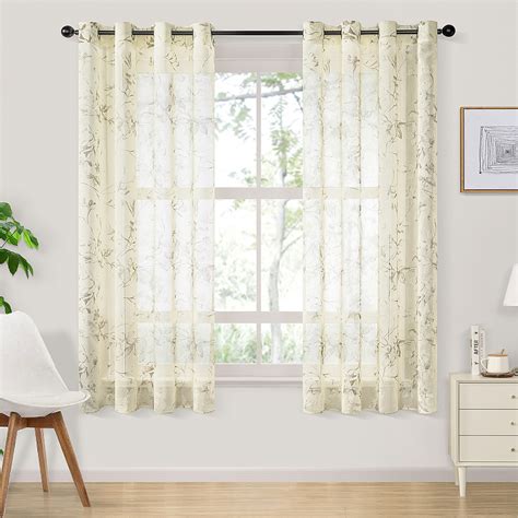 Topfinel Linen Textured Sheer Curtains Inches Long Floral Printed