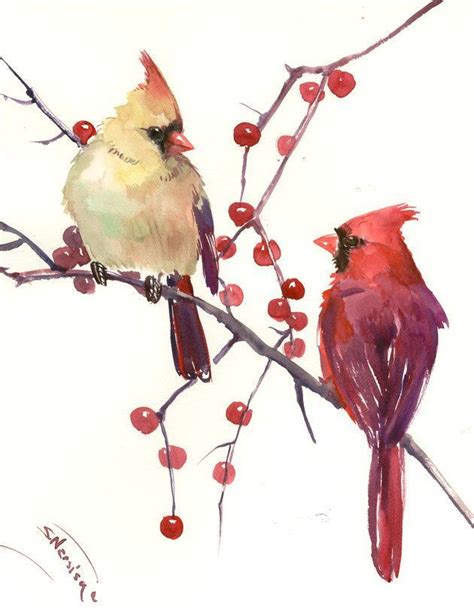 Beautiful Male And Female Cardinal Watercolor Painting