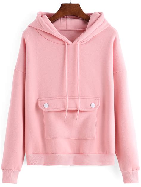 Hooded Drawstring Pocket Pink Sweatshirtfor Women Romwe