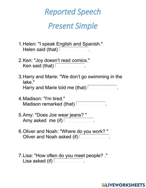 Reported Speech Present Simple Worksheet Reported Speech Speech