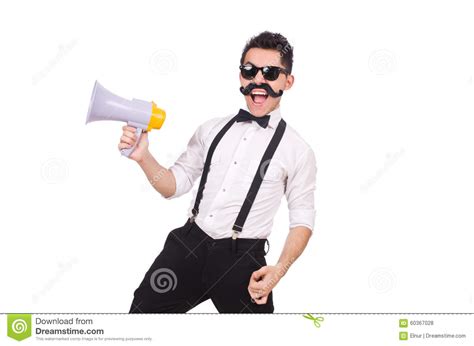 Emotional Man With Loudspeaker Isolated On White Stock Photo Image Of