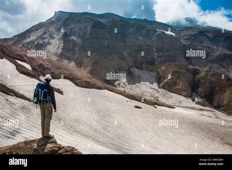 Man Admiring Mutnovsky Volcano Kamchatka Russia Eurasia Stock Photo