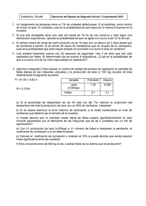 Ejercicios De Repaso De Do Parcial Estadistica Unlam Ejercicios De