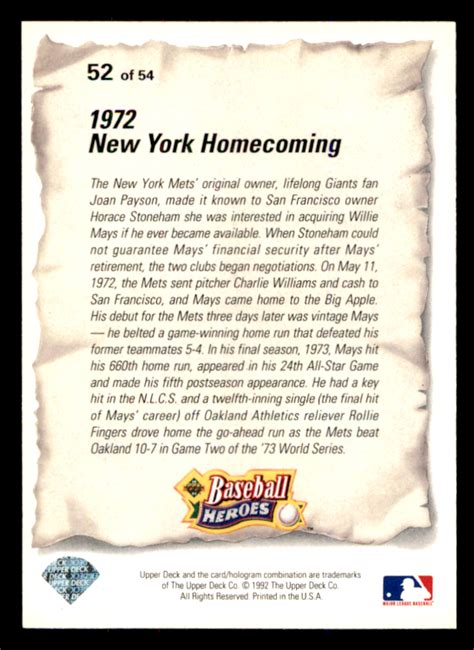 1993 Upper Deck Willie Mays Baseball Heroes Willie Mays 52 New York