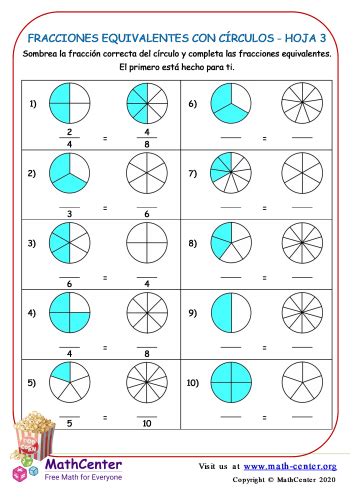 Fracciones Equivalentes Con Círculos Hoja 3 Hojas De Trabajo Math Center