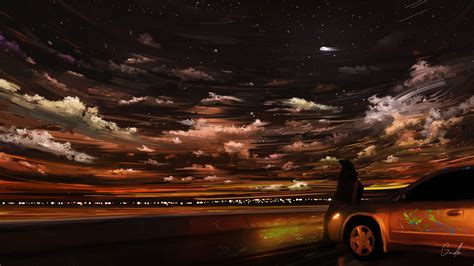 Wallpaper Digital Art Car Lights Water Night Stars Clouds