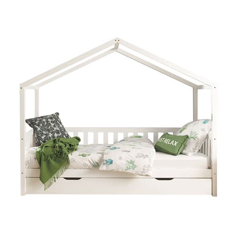 Lit Cabane MH 90x200 Sommier Et Tiroir Inclus Vipack Dallas Blanc