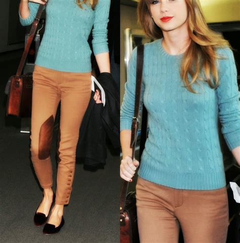 Steal That Style Taylor Swift Blue Cashmere Sweater Brown Pants Loafers