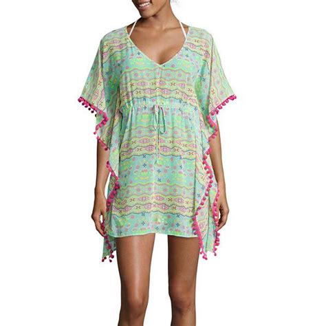 Arizona Elbow Sleeve Chiffon Pom Pom Kimono Swim Cover Up Juniors