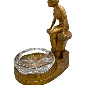 Art Deco Nude Woman Seated At Pool Bronze Crystal Sculpter Ashtray By