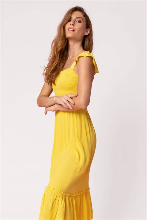 Shirred Bodice Frill Detail Midi Dress In Yellow Roman Originals Uk