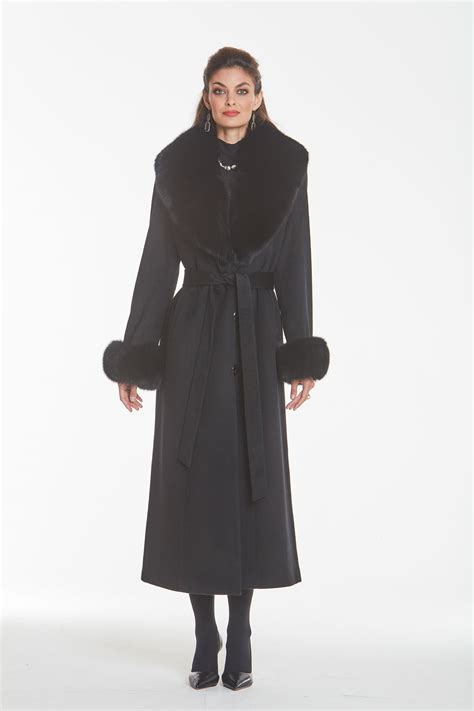 Fox Fur Trim Collar And Cuffs Full Length Long Cashmere Coat For Women Black Ebay