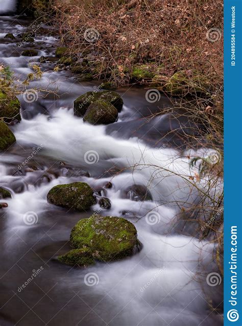 Long Exposure Shot Of A River Flowing Through A Forest Stock Photo