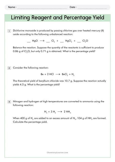 Free Printable Limiting Reactant And Percent Yield Worksheets