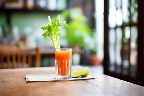 Tomato Juice Glass With Celery Stalk On A Brunch Table Stock Image