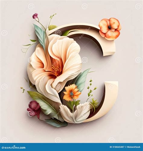 Alphabet Letter C With Flowers And Leaves Floral Font Stock