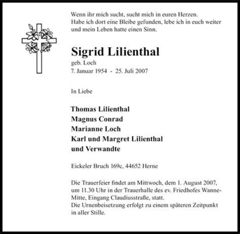 Traueranzeigen Von Sigrid Lilienthal Trauer In Nrw De