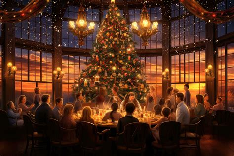 Group of people having dinner in a restaurant with Christmas tree in ...