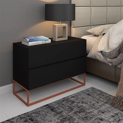 Mesa Cabeceira Eros 60cm 2 Gavetas Estilo Industrial Preto Pés Cobre