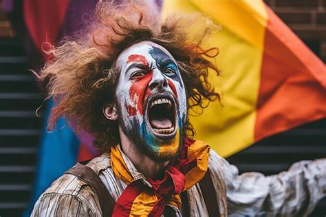 Un Hombre Con La Cara Pintada Con Una Bandera Del Arco Ris En El Fondo