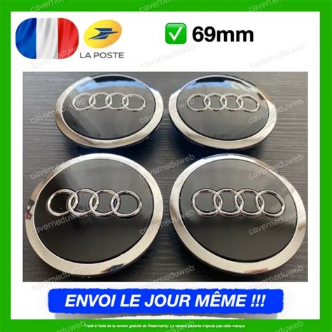 4X CACHE MOYEU CENTRE DE ROUE Pour AUDI NOIR 69MM Embleme Logo Insigne