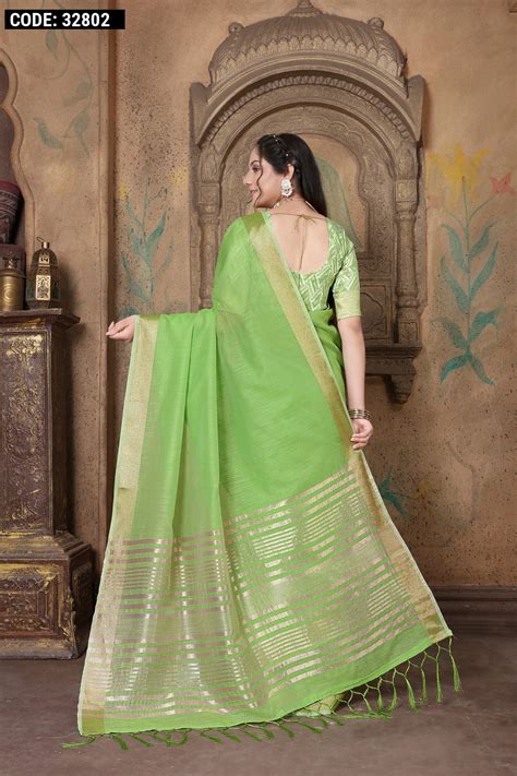 Parrot Green Color Linen Cotton Saree With Zari Weaving Work