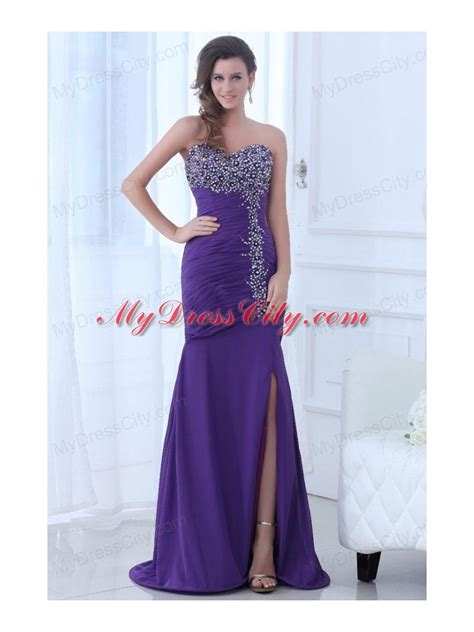 Mermaid Eggplant Purple Sweetheart High Slit Beading Chiffon Prom Dress