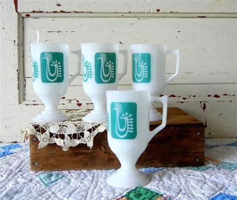 Four Vintage Mid Century Milk Glass Pedestal Mugs With Etsy Milk Glass Vintage Dishware