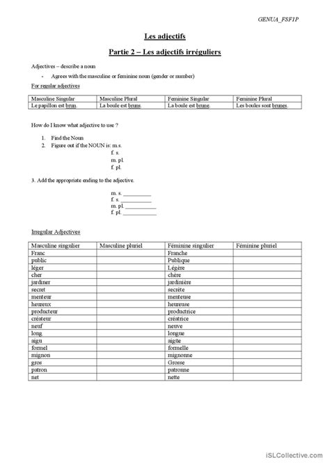 Les adjectifs irréguliers pratique d English ESL worksheets pdf doc