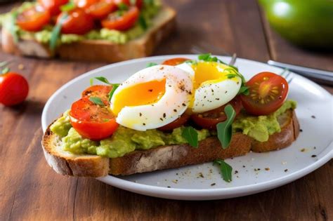 Premium Photo Avocado Toast With Eggs And Roasted Tomatoes