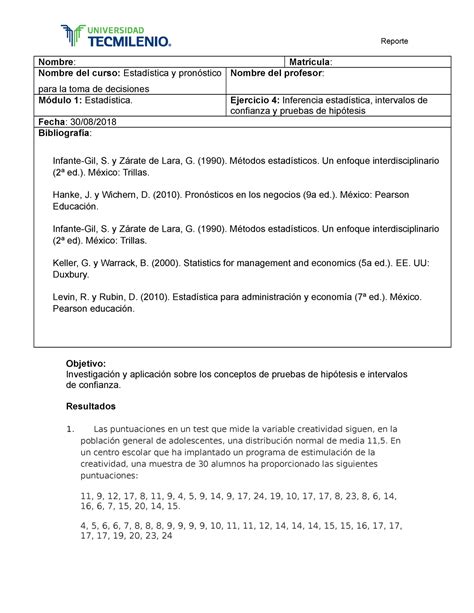 Ejercicio 4 Estadistica Reporte Nombre Matrícula Nombre del curso